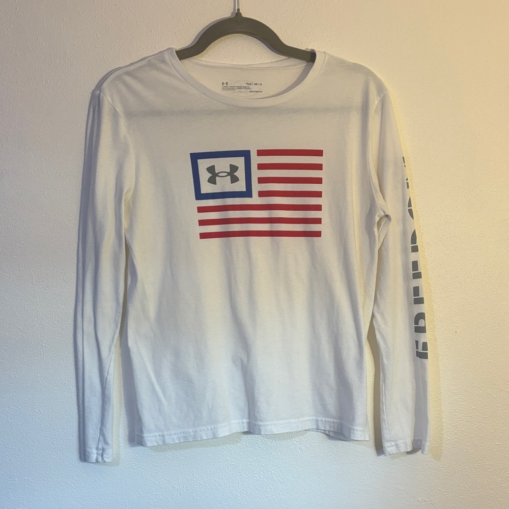 Under Armour White Long Sleeve with Red and Blue Flag Graphic YLG